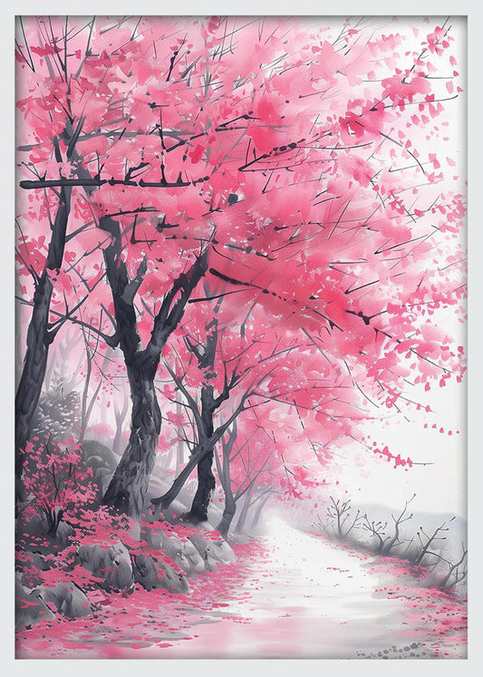Cherry Blossom Path – Serene Pink Nature Canvas & Poster Wall Art – T1015 – AiPrintLab