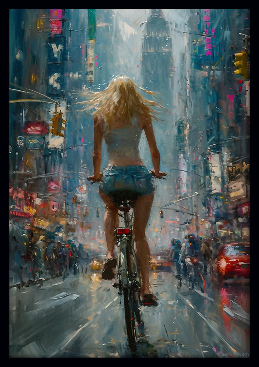 City Ride in the Rain – Urban Cycling Canvas & Poster Wall Art – T900 – AiPrintLab
