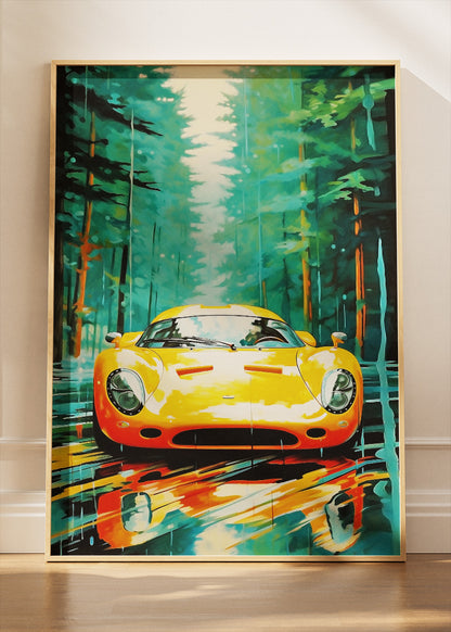 Classic Sports Car Forest Drive Art Poster & Canvas Print – Vintage Automotive Wall Art
