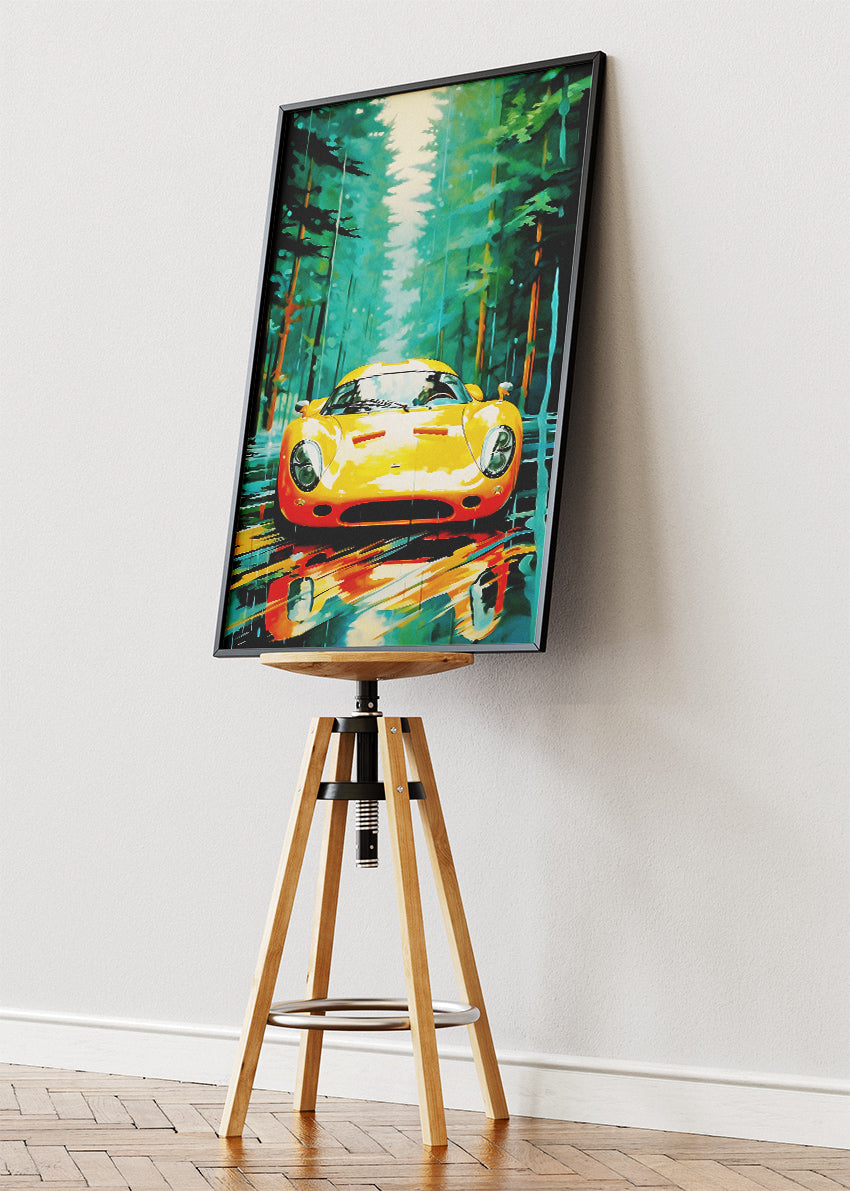 Classic Sports Car Forest Drive Art Poster & Canvas Print – Vintage Automotive Wall Art