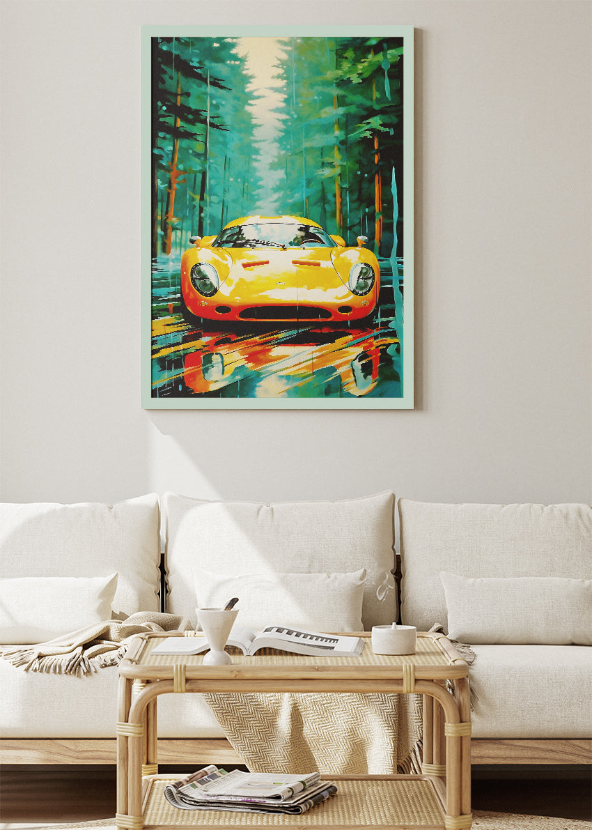 Classic Sports Car Forest Drive Art Poster & Canvas Print – Vintage Automotive Wall Art