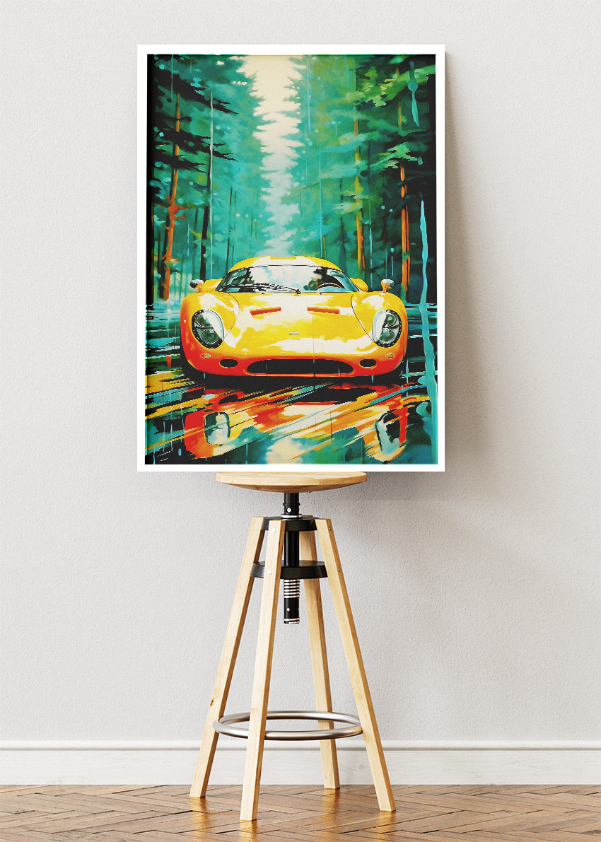 Classic Sports Car Forest Drive Art Poster & Canvas Print – Vintage Automotive Wall Art