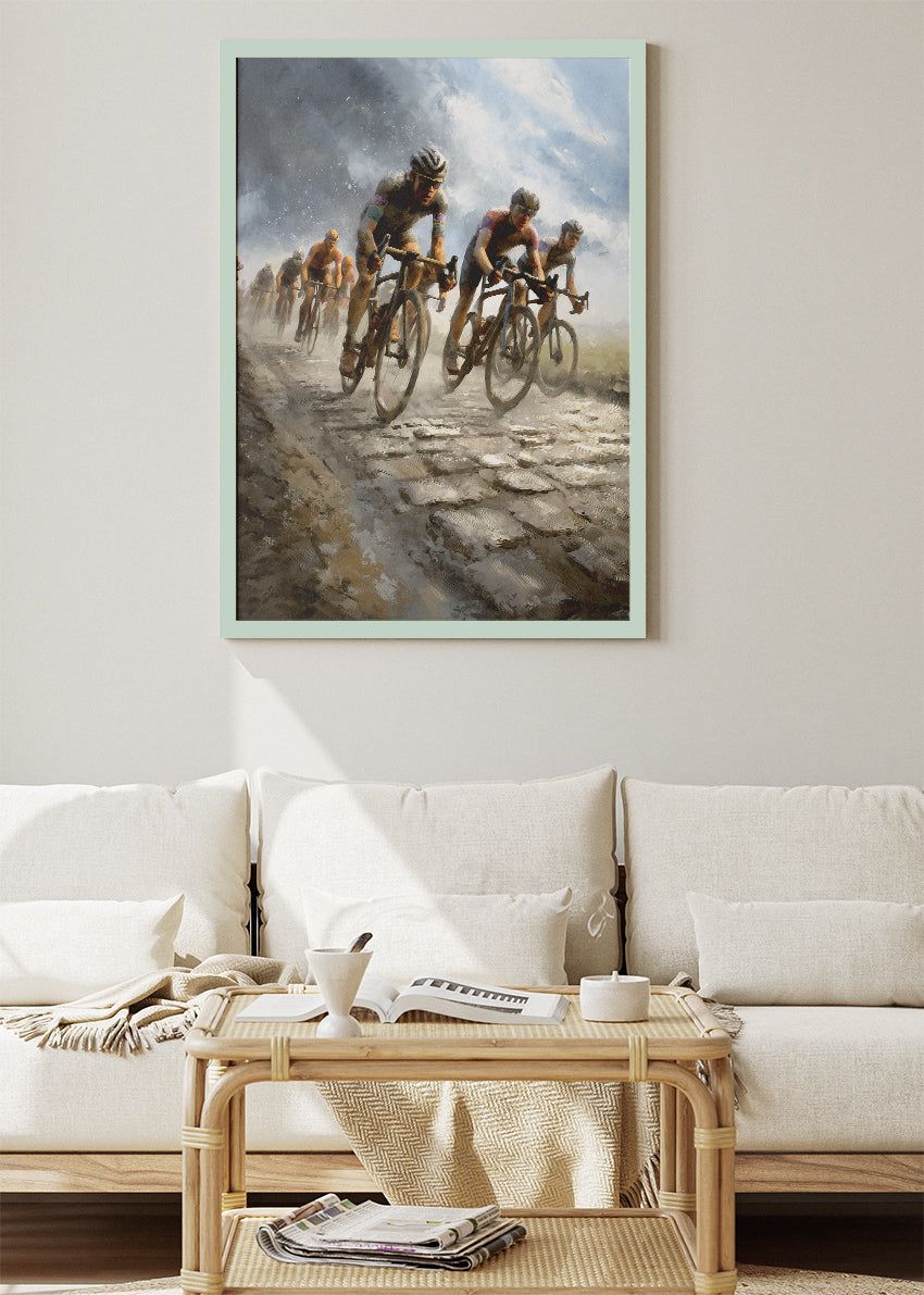Cobbled Classics Cycling Art Print & Canvas – Peloton in the Storm
