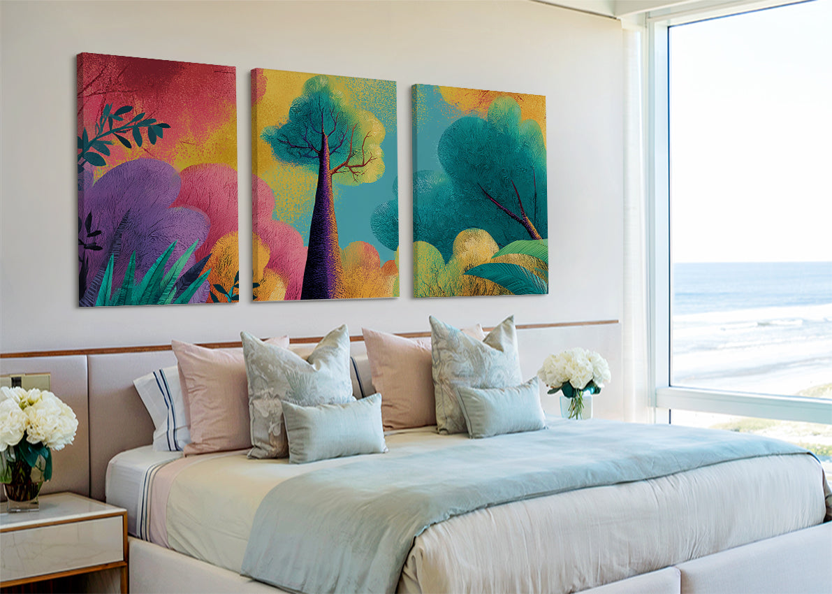 Colorful Abstract Forest Canvas Wall Art – Vibrant Modern Tree Landscape – Single & 3 Panel Canvas – AI PRINT LAB