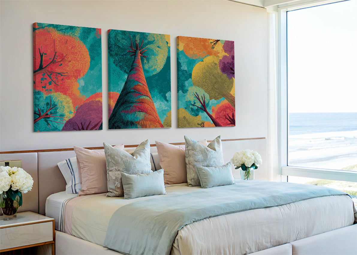 Colorful Abstract Tree Perspective Canvas Wall Art – Modern Pop Nature Painting – Single & 3 Panel Canvas – AI PRINT LAB