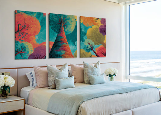 Colorful Abstract Tree Perspective Canvas Wall Art – Modern Pop Nature Painting – Single & 3 Panel Canvas – AI PRINT LAB