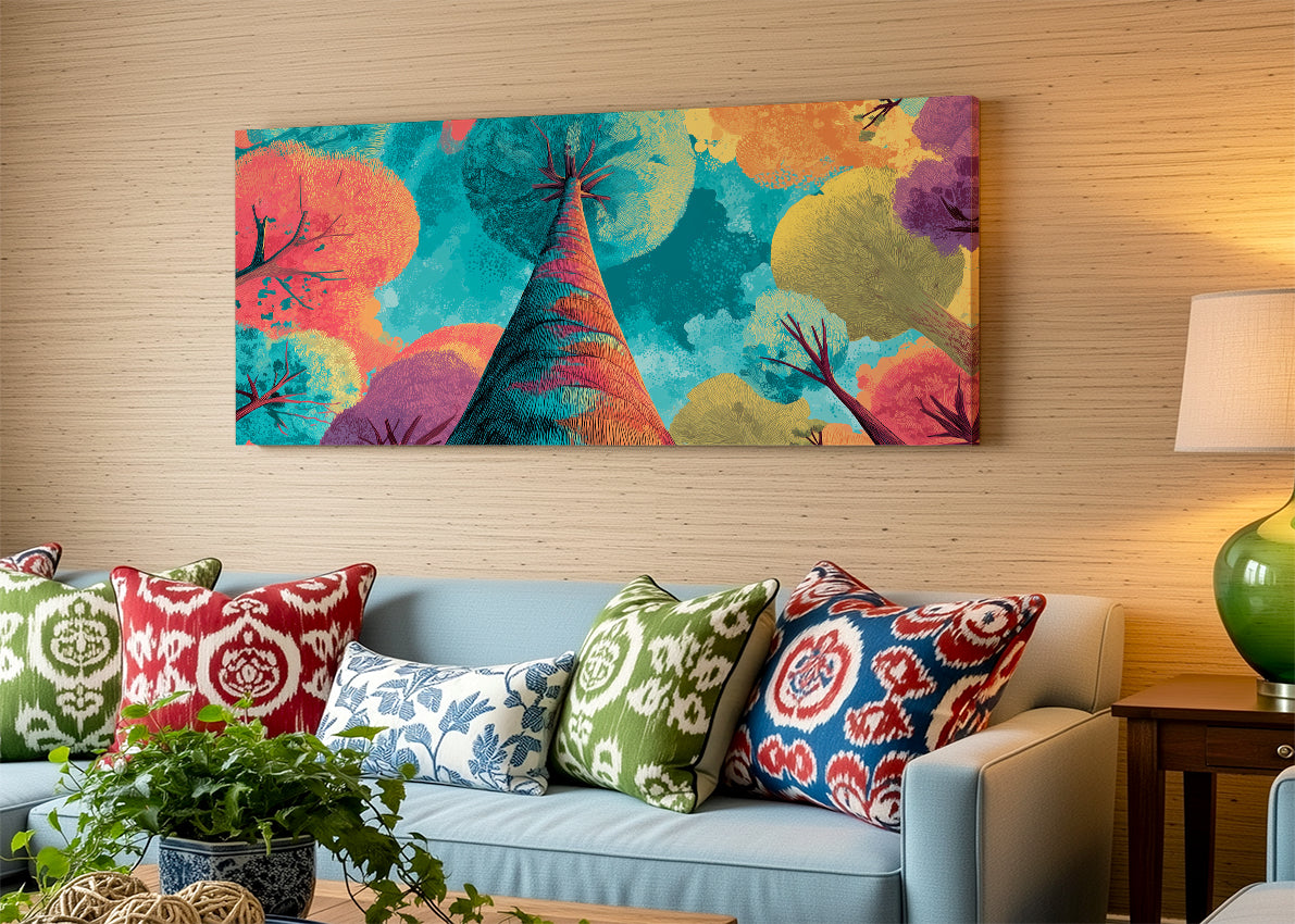 Colorful Abstract Tree Perspective Canvas Wall Art – Modern Pop Nature Painting – Single & 3 Panel Canvas – AI PRINT LAB