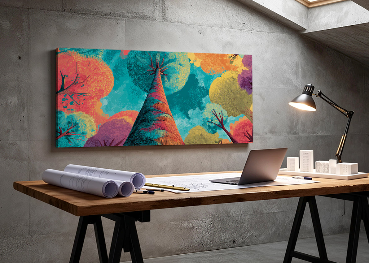 Colorful Abstract Tree Perspective Canvas Wall Art – Modern Pop Nature Painting – Single & 3 Panel Canvas – AI PRINT LAB