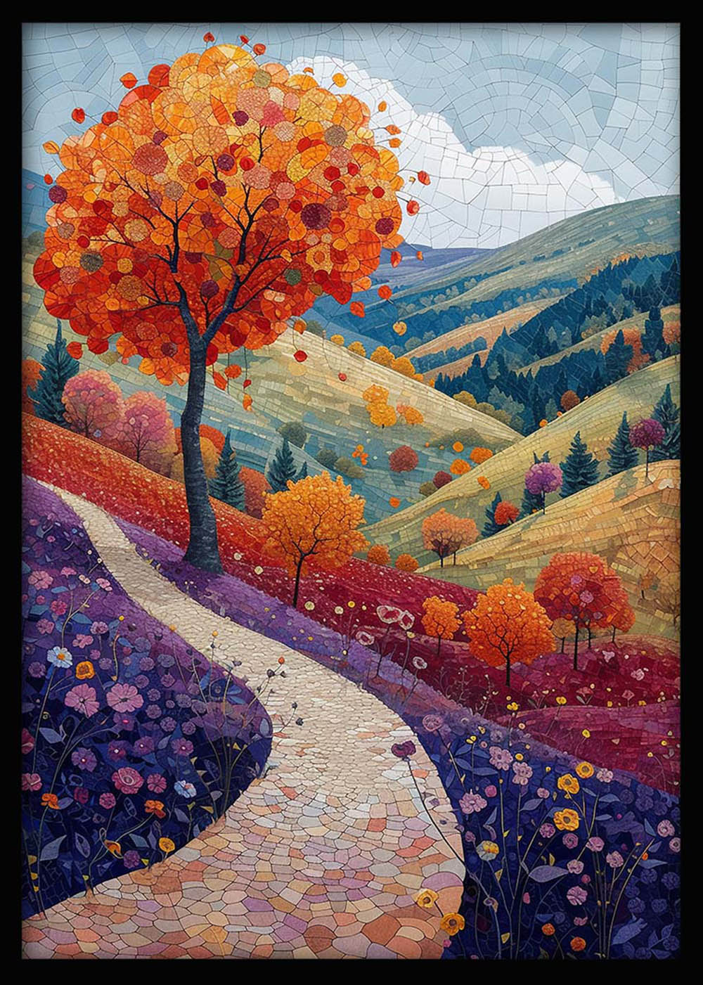 Colorful Autumn Mosaic Landscape – Nature Path Canvas & Poster Art Print – T1193 – AiPrintLab