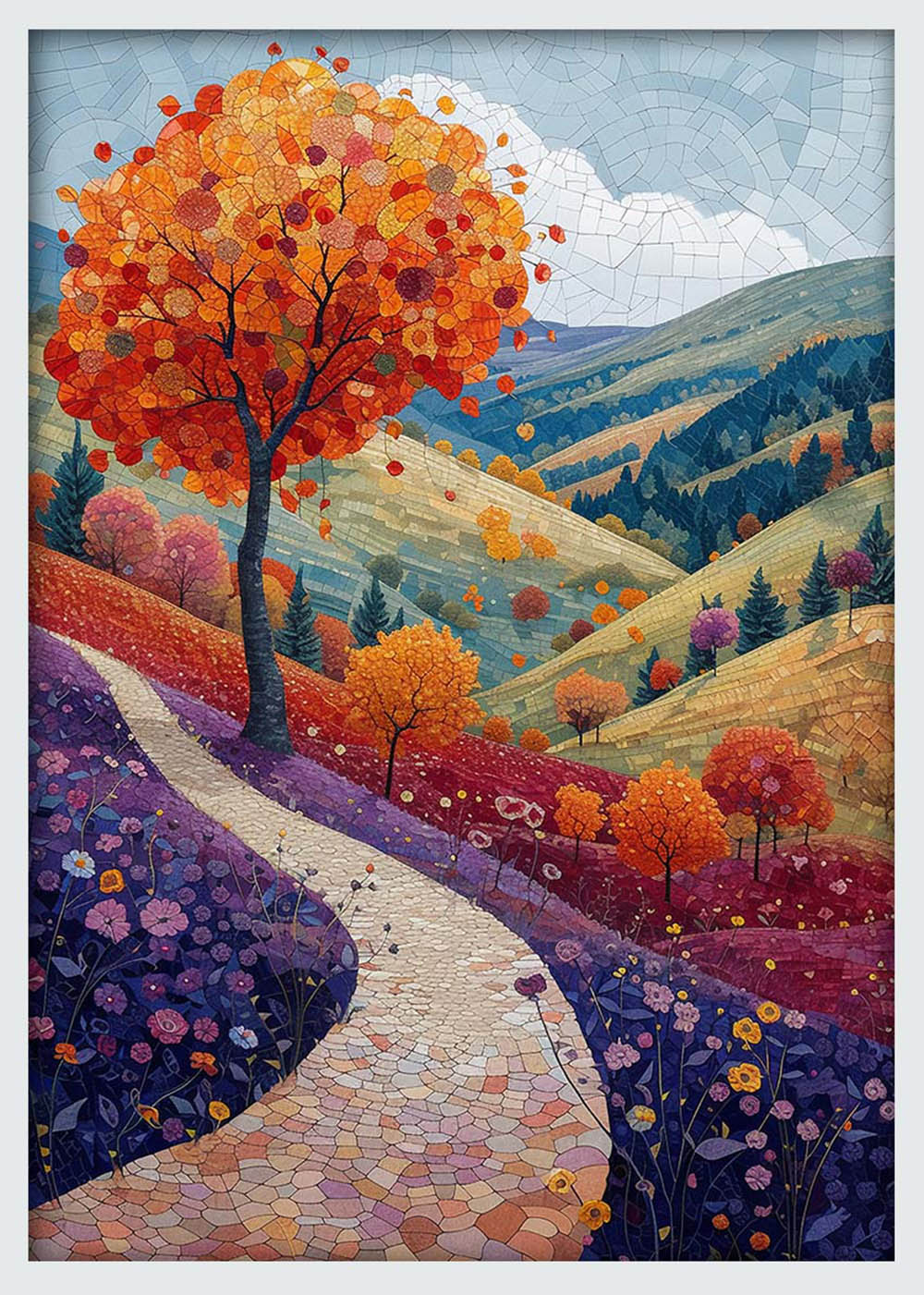 Colorful Autumn Mosaic Landscape – Nature Path Canvas & Poster Art Print – T1193 – AiPrintLab
