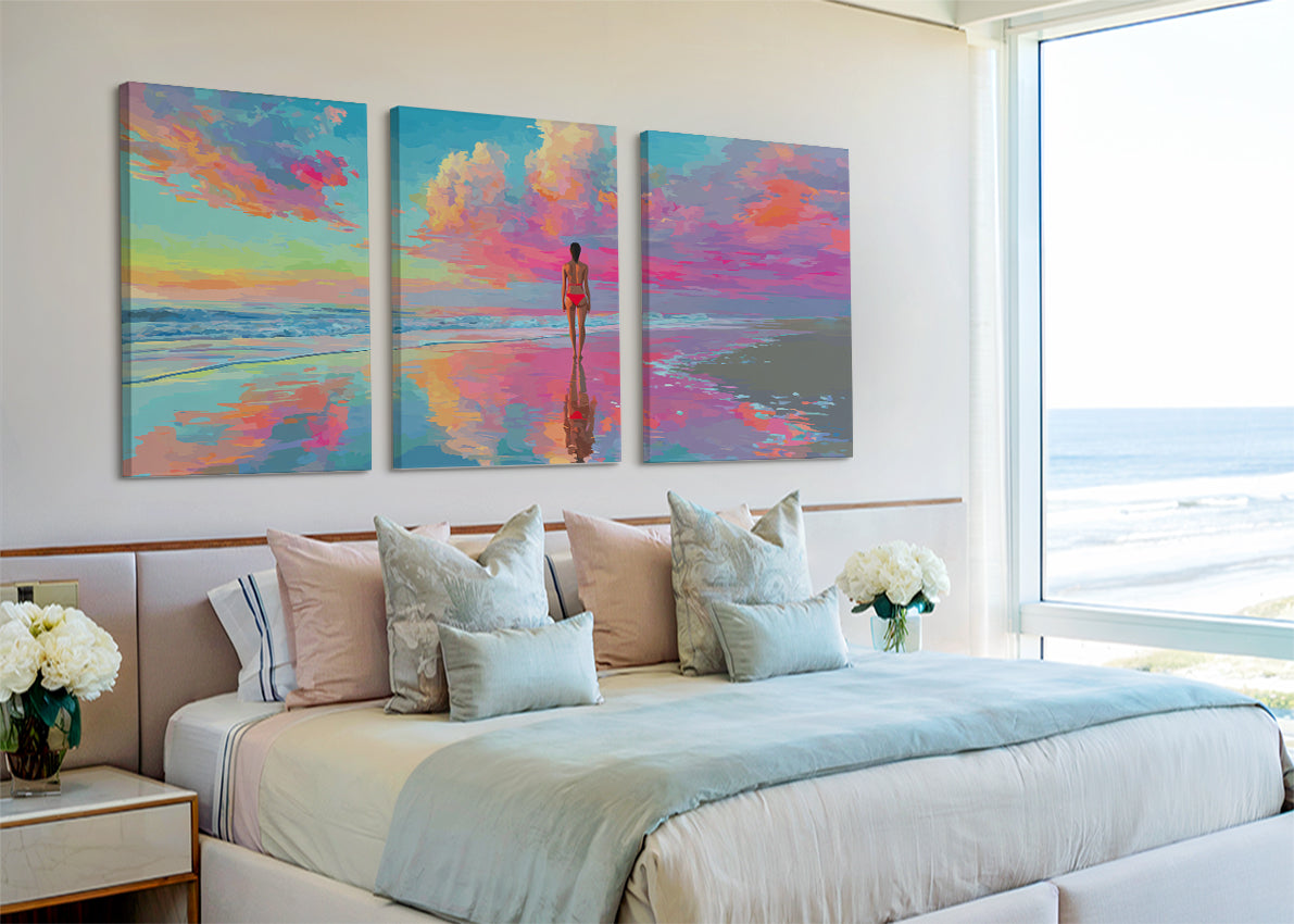 Colorful Beach Reflection Canvas Wall Art – Vibrant Ocean Sunset Canvas – Single & 3 Panel Canvas – AI PRINT LAB