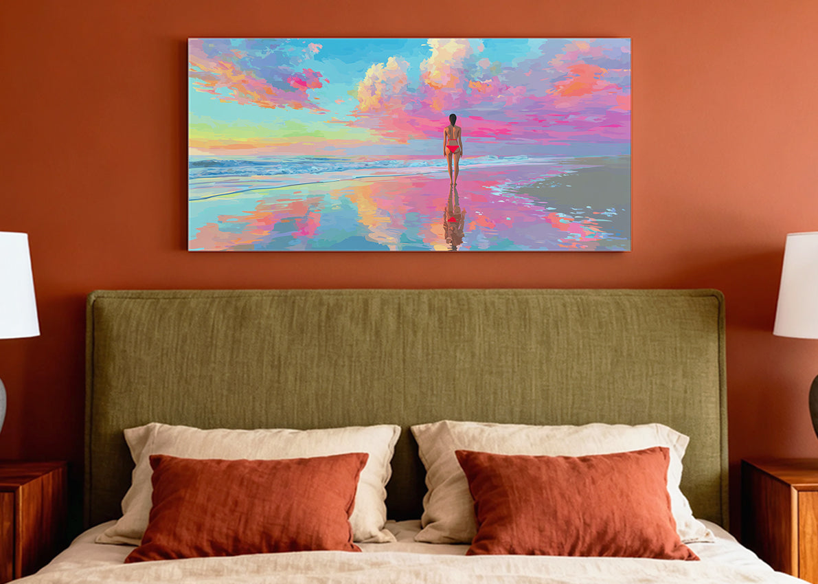 Colorful Beach Reflection Canvas Wall Art – Vibrant Ocean Sunset Canvas – Single & 3 Panel Canvas – AI PRINT LAB