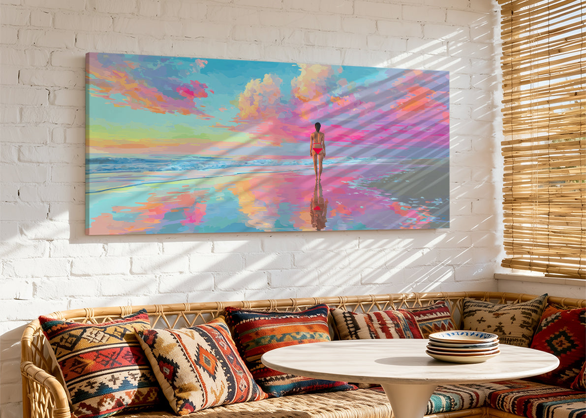 Colorful Beach Reflection Canvas Wall Art – Vibrant Ocean Sunset Canvas – Single & 3 Panel Canvas – AI PRINT LAB