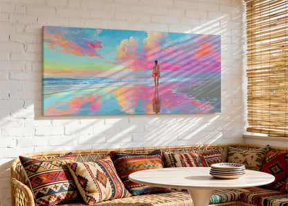Colorful Beach Reflection Canvas Wall Art – Vibrant Ocean Sunset Canvas – Single & 3 Panel Canvas – AI PRINT LAB