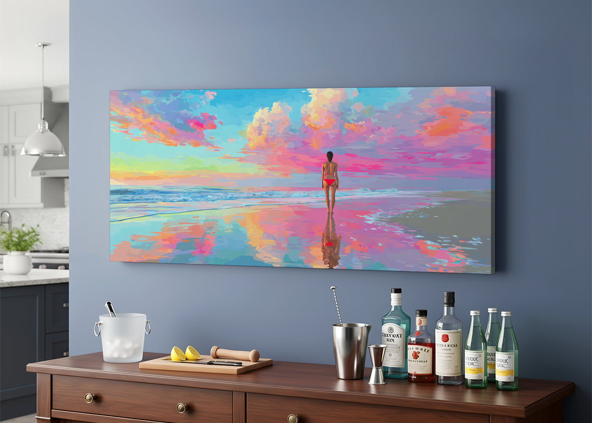 Colorful Beach Reflection Canvas Wall Art – Vibrant Ocean Sunset Canvas – Single & 3 Panel Canvas – AI PRINT LAB