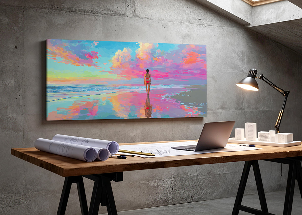 Colorful Beach Reflection Canvas Wall Art – Vibrant Ocean Sunset Canvas – Single & 3 Panel Canvas – AI PRINT LAB