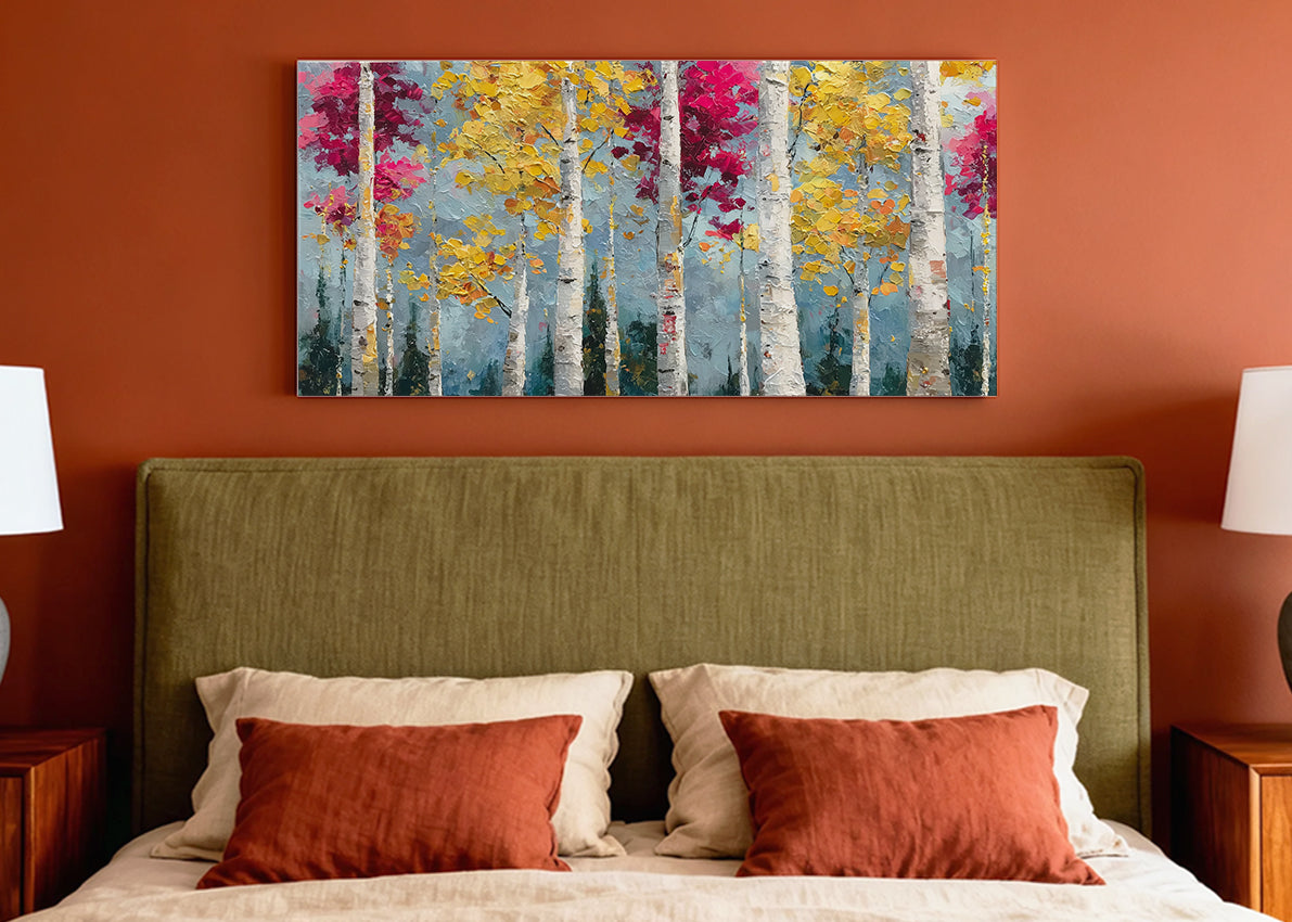 Colorful Birch Forest Canvas Wall Art – Textured Autumn Trees Painting – Single & 3 Panel Canvas – AI PRINT LAB