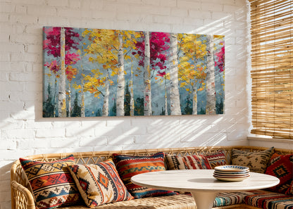 Colorful Birch Forest Canvas Wall Art – Textured Autumn Trees Painting – Single & 3 Panel Canvas – AI PRINT LAB