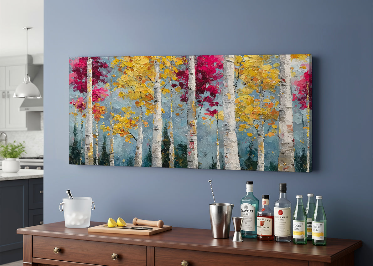 Colorful Birch Forest Canvas Wall Art – Textured Autumn Trees Painting – Single & 3 Panel Canvas – AI PRINT LAB
