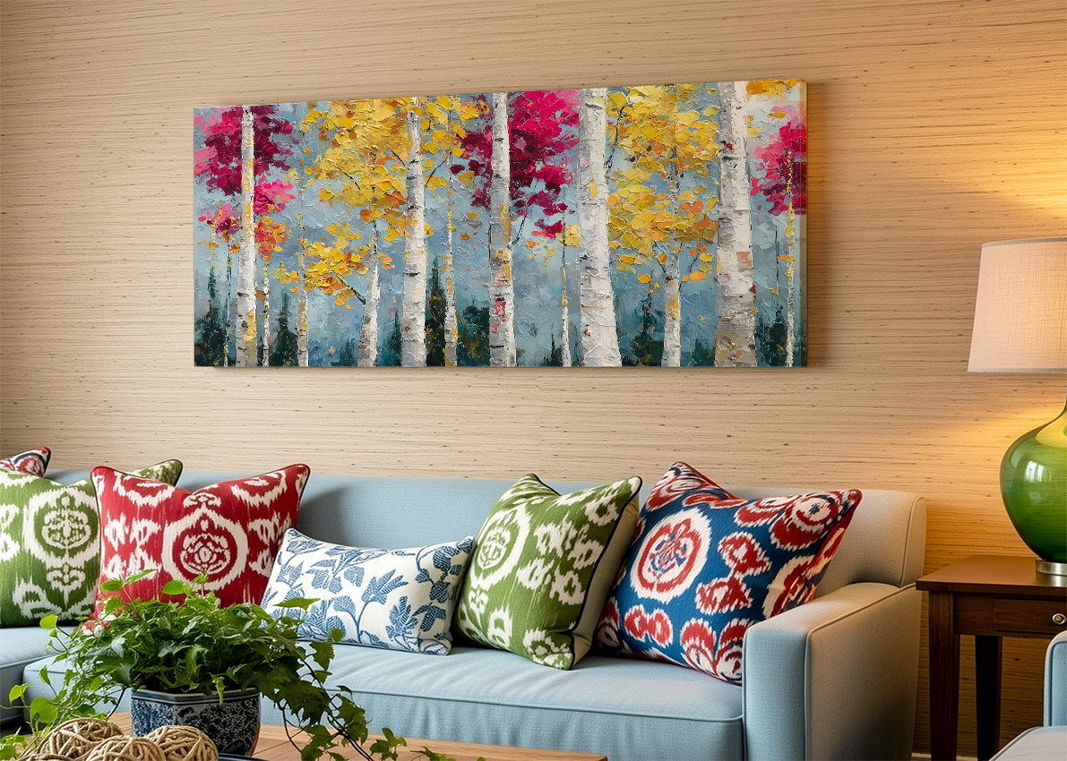 Colorful Birch Forest Canvas Wall Art – Textured Autumn Trees Painting – Single & 3 Panel Canvas – AI PRINT LAB