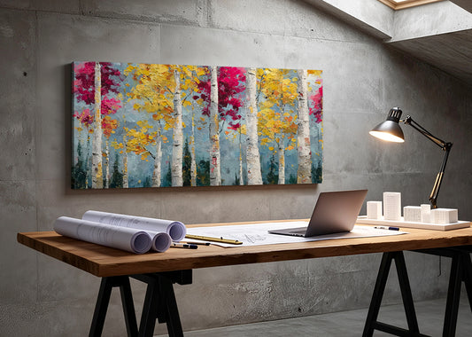 Colorful Birch Forest Canvas Wall Art – Textured Autumn Trees Painting – Single & 3 Panel Canvas – AI PRINT LAB