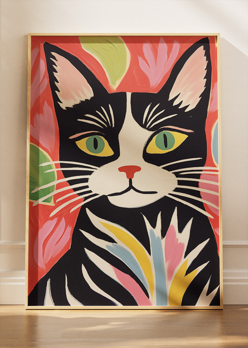 Colorful Black Cat Canvas Print & Poster – Modern Folk Art Wall Decor