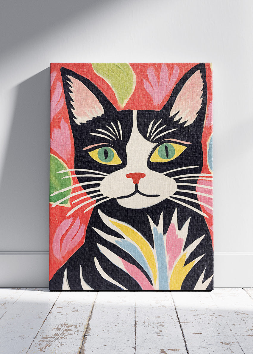 Colorful Black Cat Canvas Print & Poster – Modern Folk Art Wall Decor