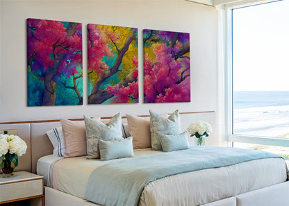 Colorful Blossom Tree Canvas Wall Art – Vibrant Floral Branch Painting – Single & 3 Panel Canvas – AI PRINT LAB