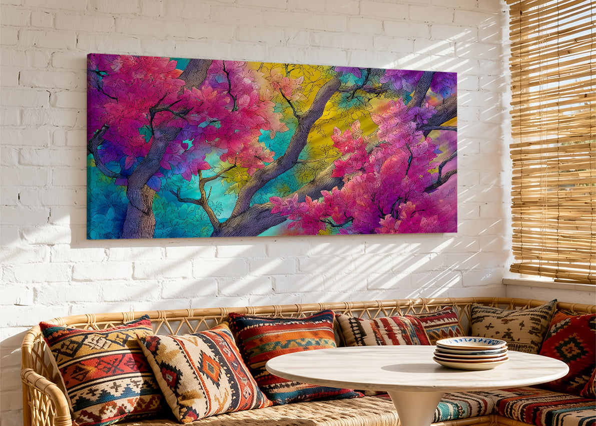 Colorful Blossom Tree Canvas Wall Art – Vibrant Floral Branch Painting – Single & 3 Panel Canvas – AI PRINT LAB