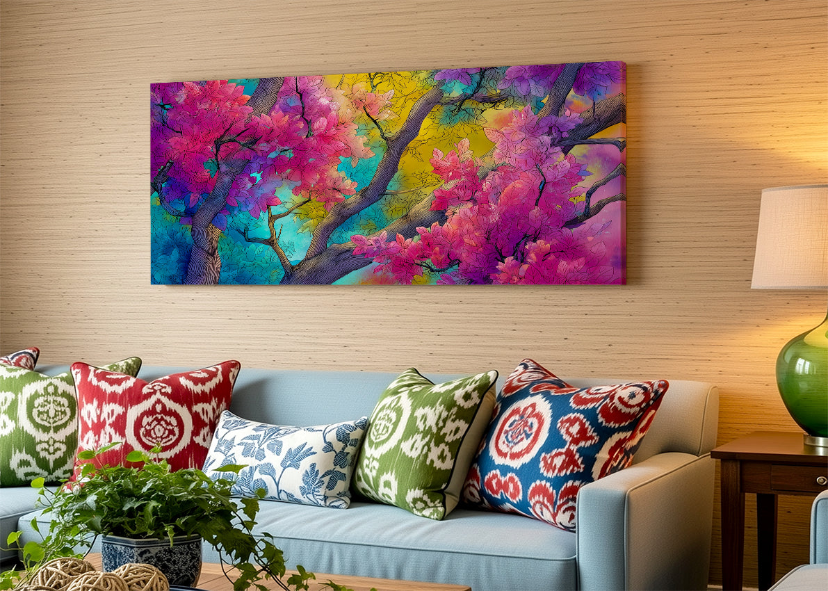 Colorful Blossom Tree Canvas Wall Art – Vibrant Floral Branch Painting – Single & 3 Panel Canvas – AI PRINT LAB
