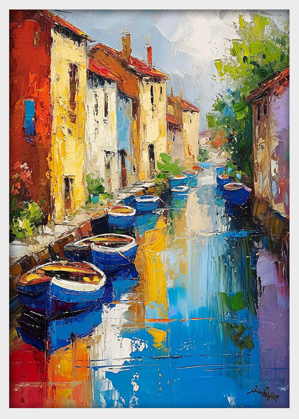 Colorful Canal Village Wall Art – Vibrant Boat Scene Canvas & Poster Print – T1392 –