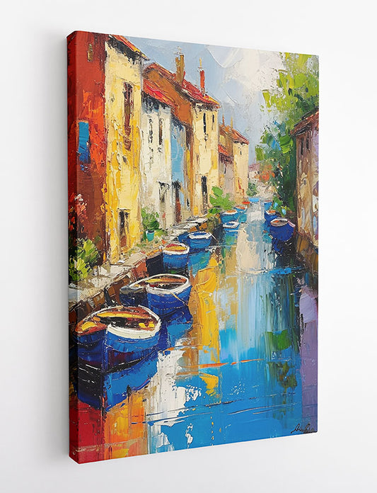 Colorful Canal Village Wall Art – Vibrant Boat Scene Canvas & Poster Print – T1392 –