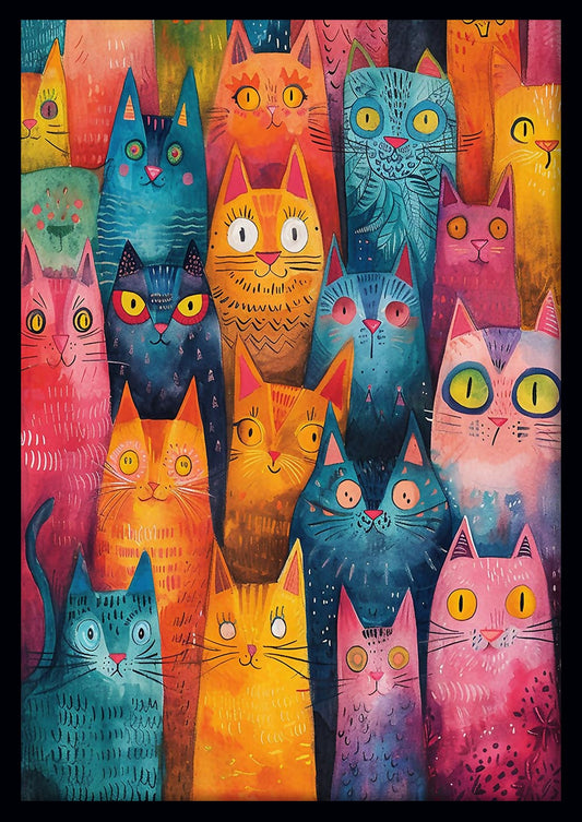 Colorful Cat Crowd – Whimsical Pop Art Cat Canvas & Poster – T829 – AiPrintLab