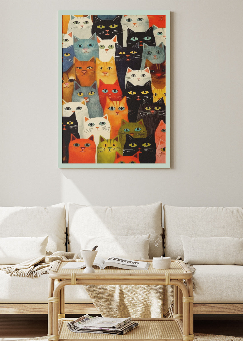 Colorful Cats Wall Art Print & Canvas – Playful Modern Cat Illustration