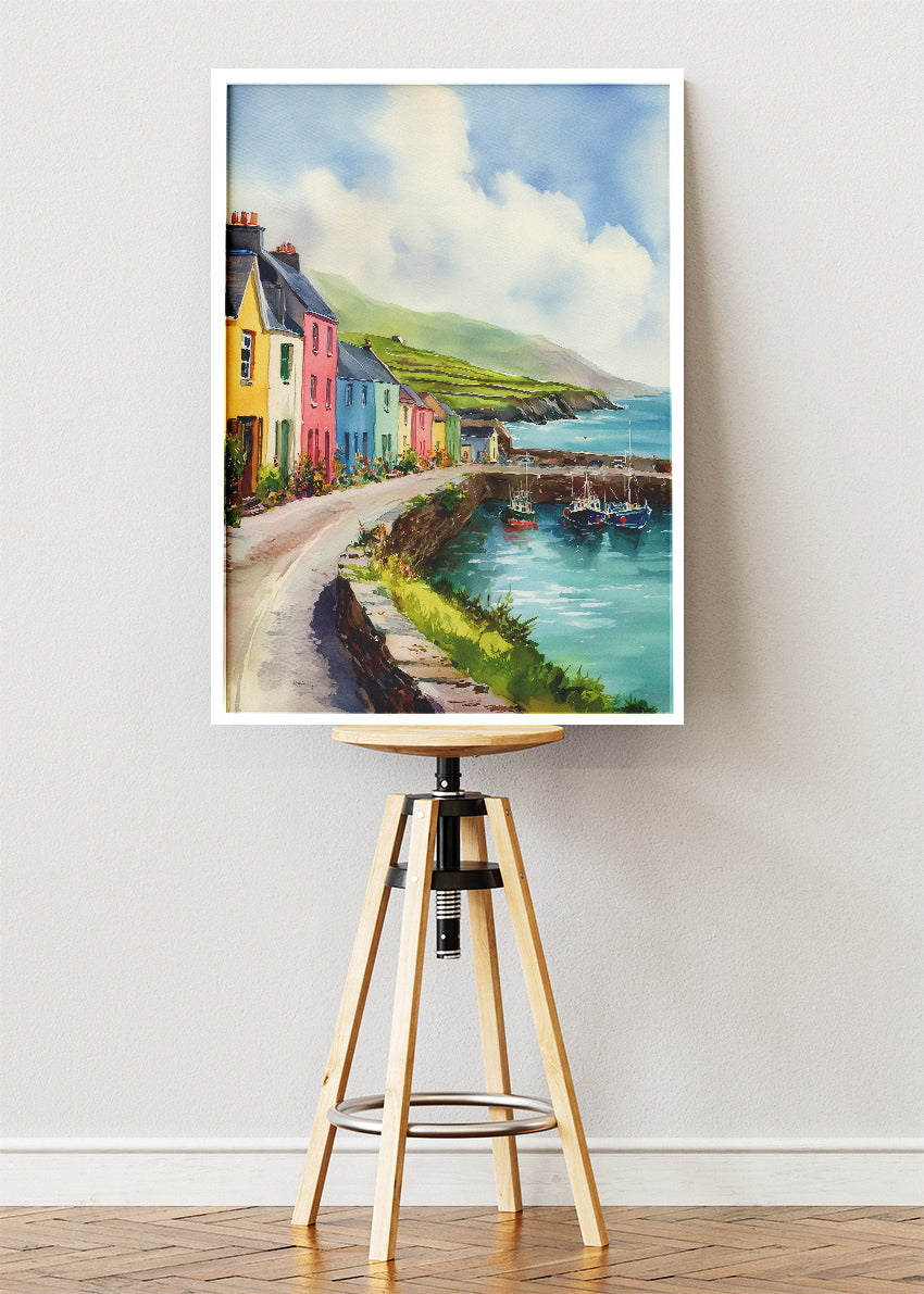 Colorful Coastal Village Harbor – Seaside Town Canvas & Poster Print – AI PRINT LAB