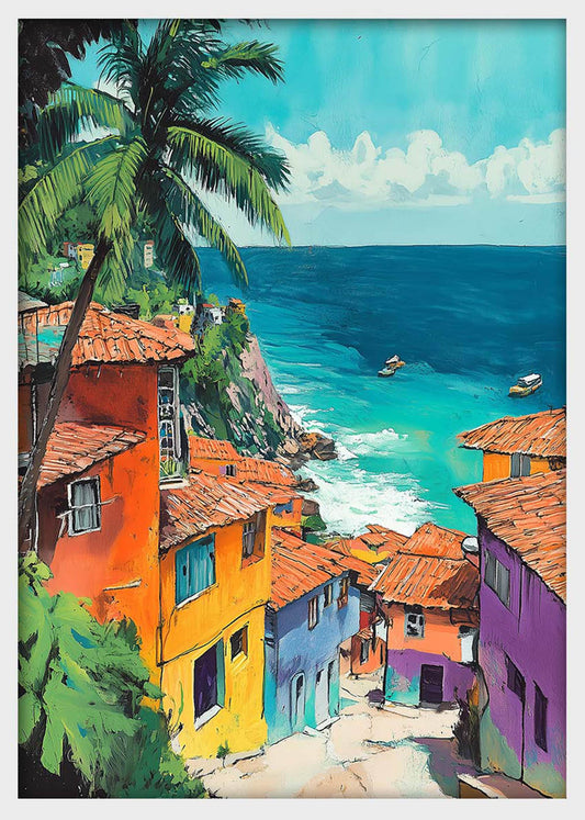 Colorful Coastal Village & Ocean View – Tropical Seaside Canvas & Poster Wall Art – T1301 – AiPrintLab