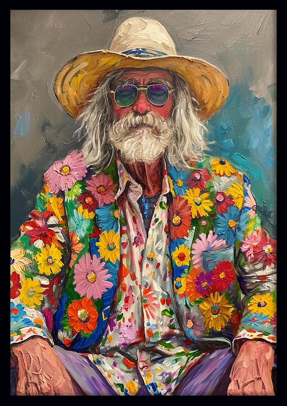 Colorful Flower Jacket Grandpa – Eccentric Portrait Canvas & Poster Wall Art – T1305 – AiPrintLab