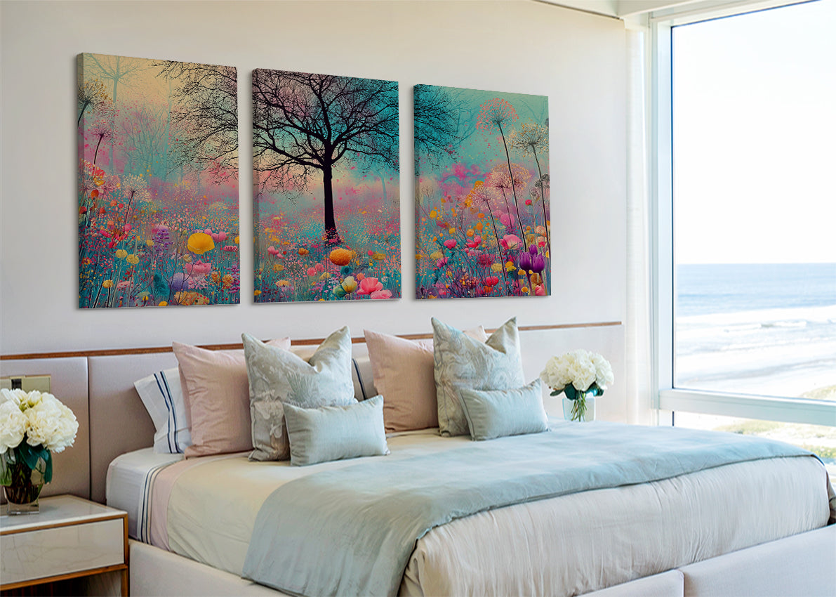 Colorful Flower Meadow Tree Canvas Wall Art – Dreamy Floral Landscape – Single & 3 Panel Canvas – AI PRINT LAB