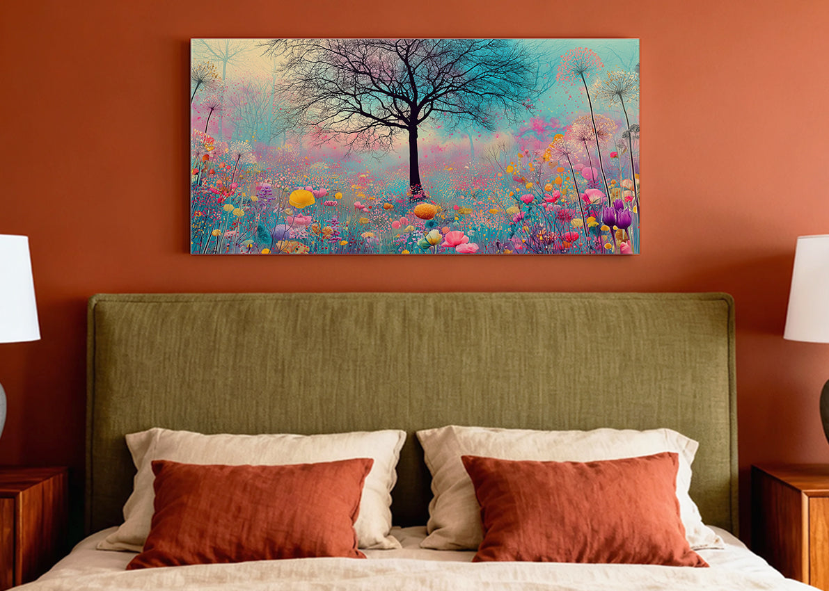 Colorful Flower Meadow Tree Canvas Wall Art – Dreamy Floral Landscape – Single & 3 Panel Canvas – AI PRINT LAB