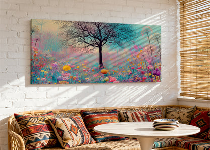 Colorful Flower Meadow Tree Canvas Wall Art – Dreamy Floral Landscape – Single & 3 Panel Canvas – AI PRINT LAB