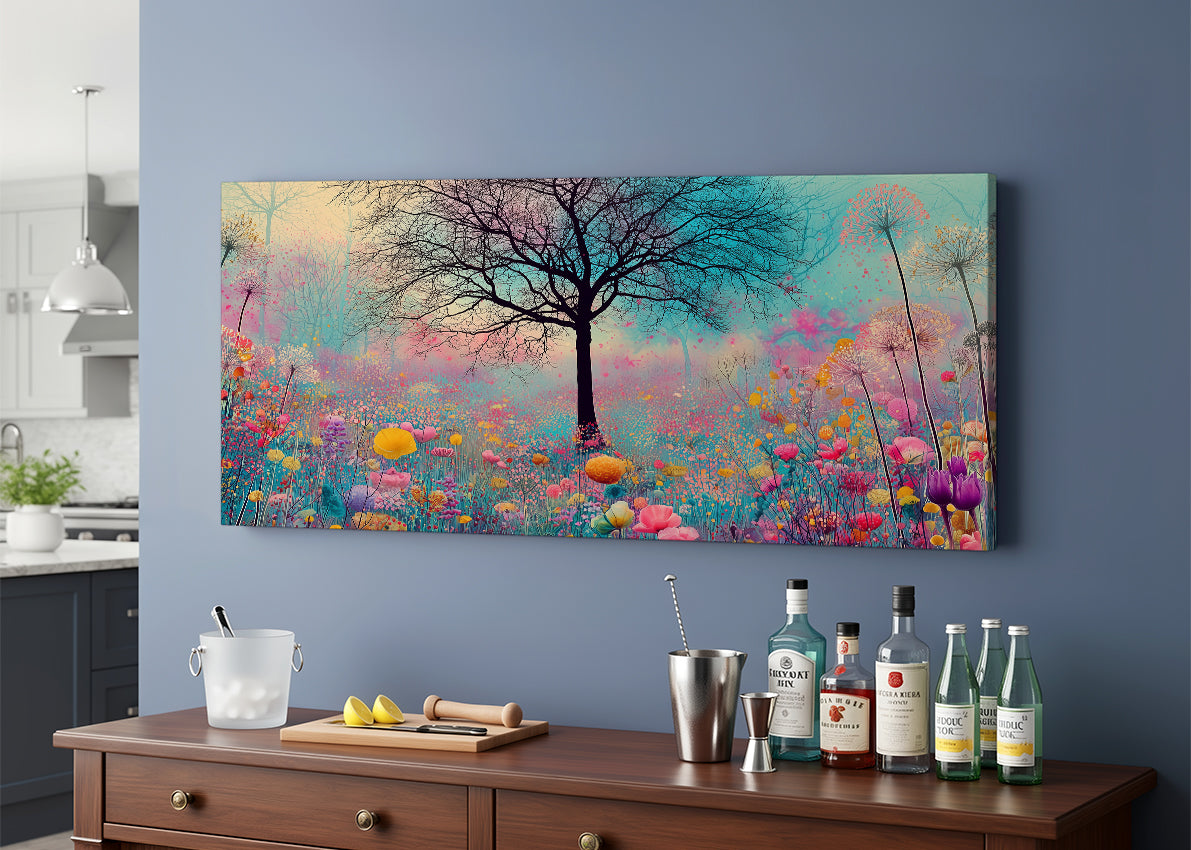 Colorful Flower Meadow Tree Canvas Wall Art – Dreamy Floral Landscape – Single & 3 Panel Canvas – AI PRINT LAB