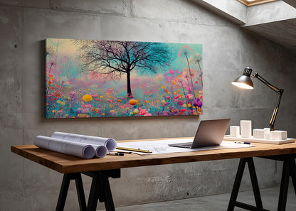 Colorful Flower Meadow Tree Canvas Wall Art – Dreamy Floral Landscape – Single & 3 Panel Canvas – AI PRINT LAB