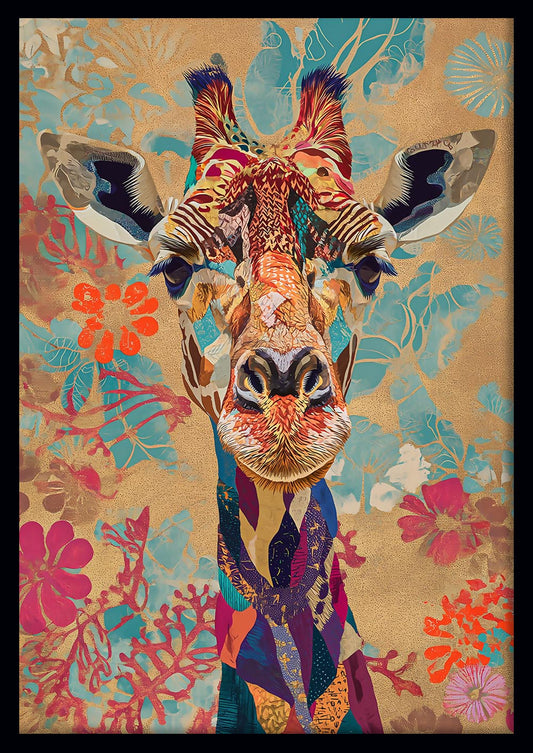 Colorful Giraffe Portrait with Tropical Floral Background – Poster & Canvas Art – T776 – AiPrintLab