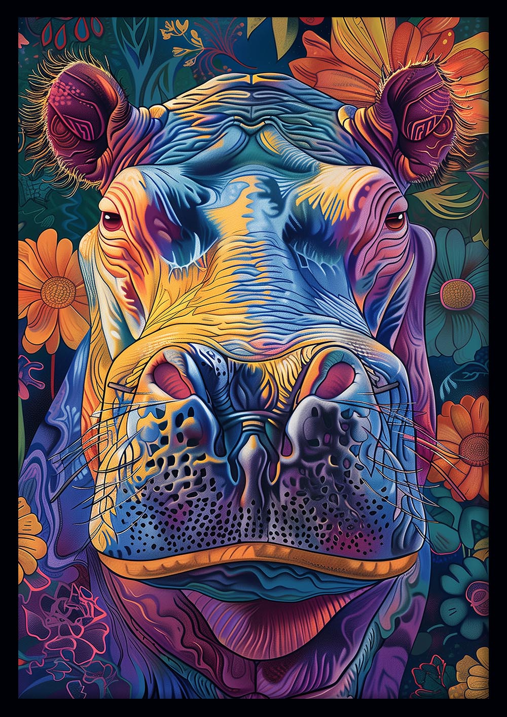 Colorful Hippo Portrait – Vibrant Psychedelic Animal Canvas & Poster Wall Art – T1067 – AiPrintLab