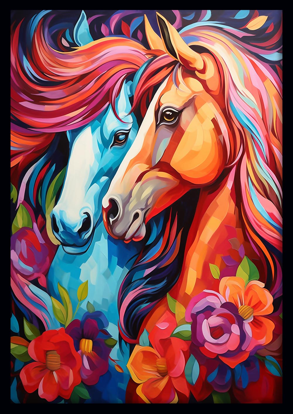 Colorful Horses with Flowers Canvas Art & Poster – T730 – AiPrintLab