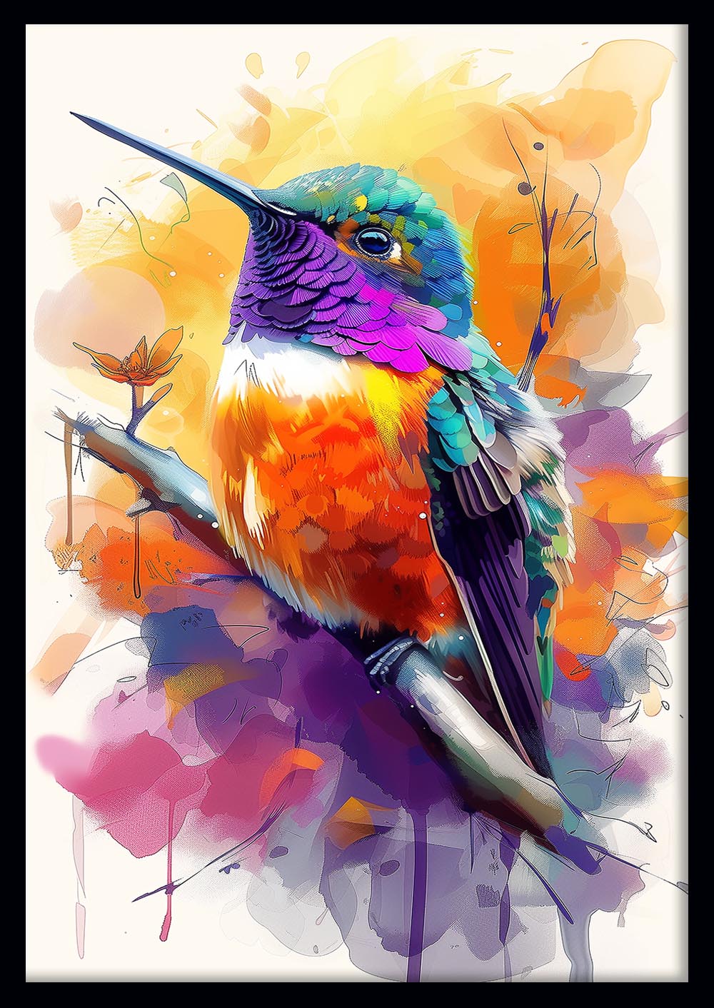 Colorful Hummingbird on Branch – Watercolor Bird Canvas & Poster Wall Art – T1308 – AiPrintLab