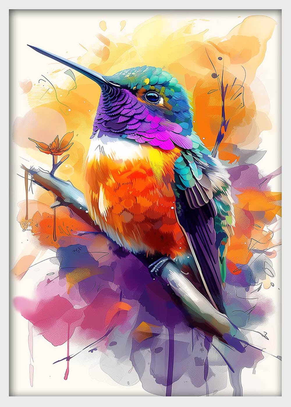 Colorful Hummingbird on Branch – Watercolor Bird Canvas & Poster Wall Art – T1308 – AiPrintLab