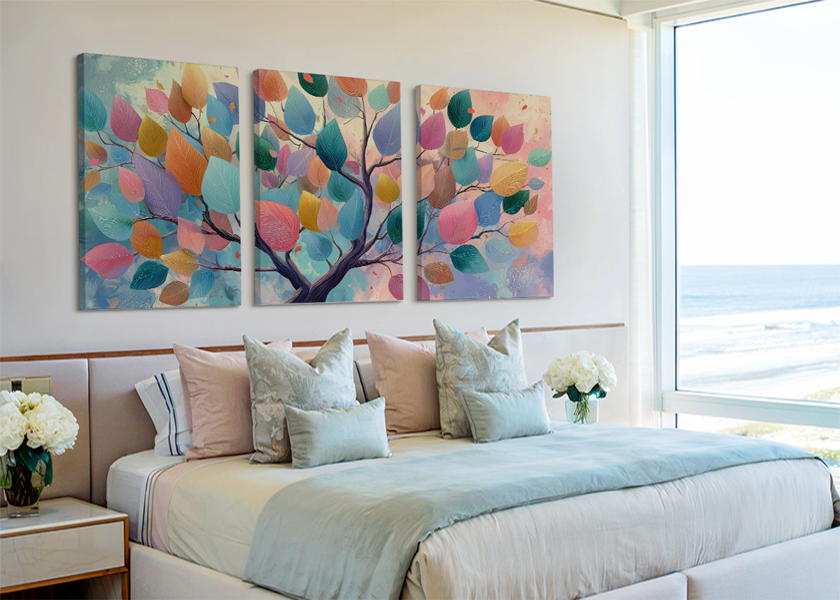 Colorful Leaves Tree Canvas Wall Art – Modern Abstract Nature Landscape – Single & 3 Panel Canvas – AI PRINT LAB
