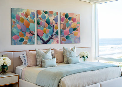 Colorful Leaves Tree Canvas Wall Art – Modern Abstract Nature Landscape – Single & 3 Panel Canvas – AI PRINT LAB