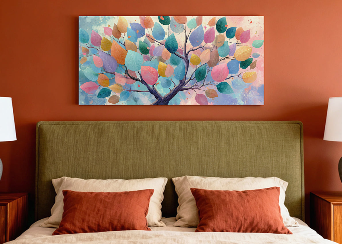 Colorful Leaves Tree Canvas Wall Art – Modern Abstract Nature Landscape – Single & 3 Panel Canvas – AI PRINT LAB